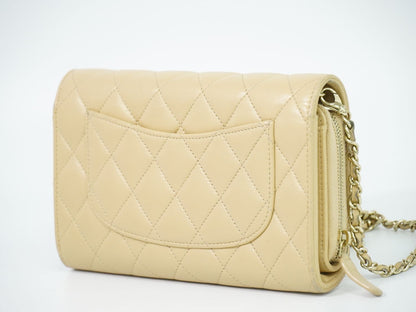 Chanel CC Logo Quilted Chain Wallet on Pochette Lambskin Leather Beige Shoulder — view 2