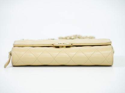 Chanel CC Logo Quilted Chain Wallet on Pochette Lambskin Leather Beige Shoulder — view 3