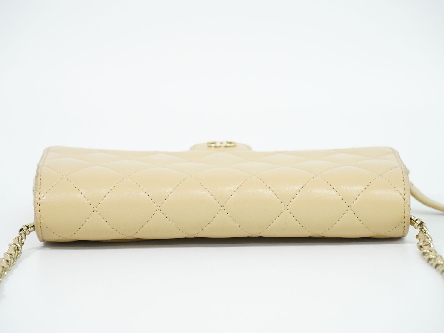 Chanel CC Logo Quilted Chain Wallet on Pochette Lambskin Leather Beige Shoulder — view 5