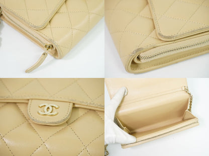 Chanel CC Logo Quilted Chain Wallet on Pochette Lambskin Leather Beige Shoulder — view 7