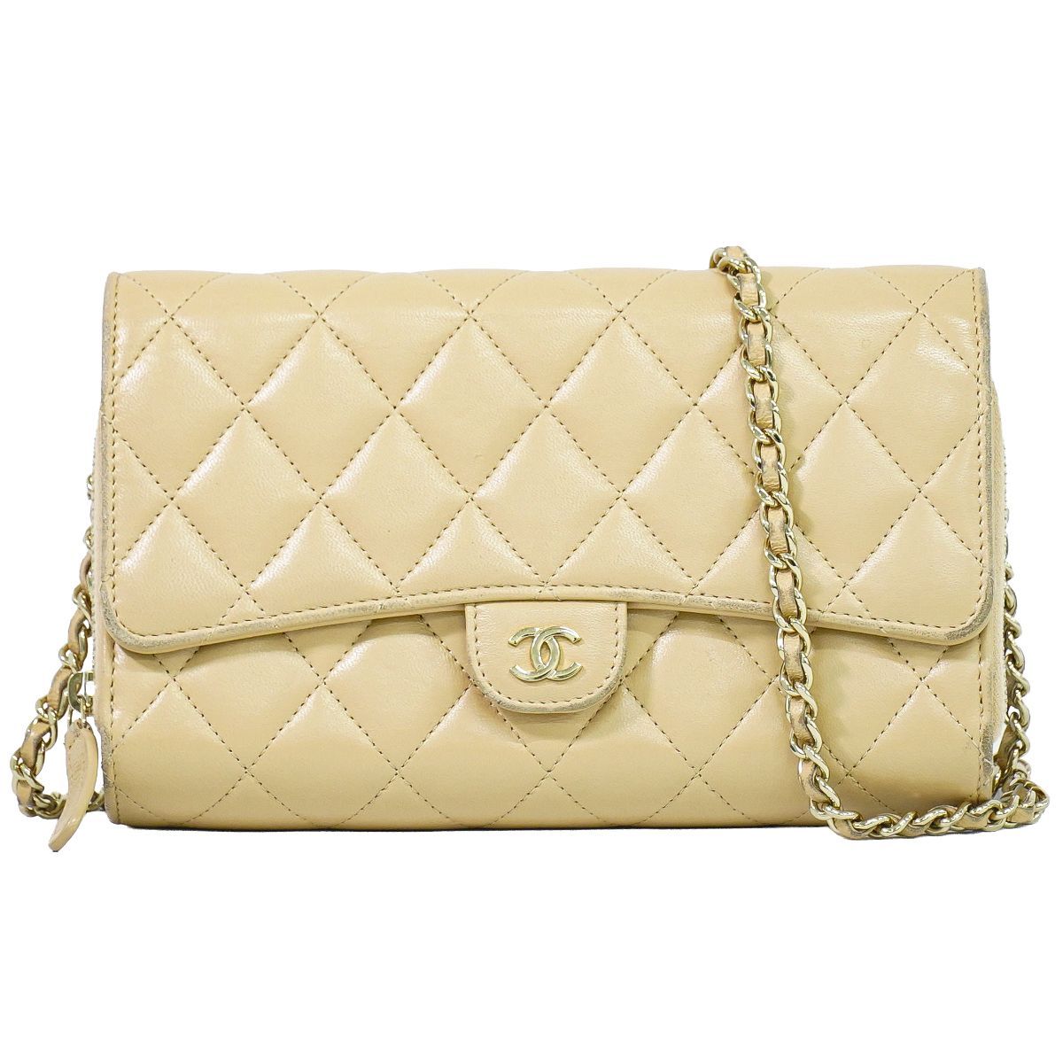 Chanel CC Logo Quilted Chain Wallet on Pochette Lambskin Leather Beige Shoulder