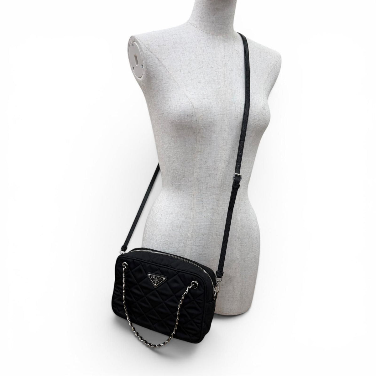 Prada Tessuto Impuntu Triangle Logo Leather Usage 2-Way Shoulder Bag Black — view 8