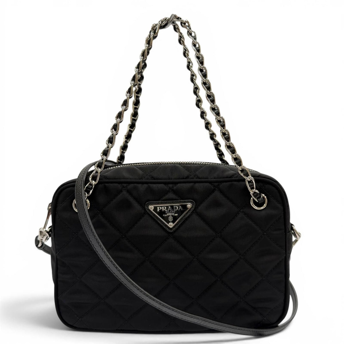 Prada Tessuto Impuntu Triangle Logo Leather Usage 2-Way Shoulder Bag Black