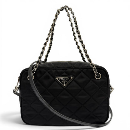 Prada Tessuto Impuntu Triangle Logo Leather Usage 2-Way Shoulder Bag Black