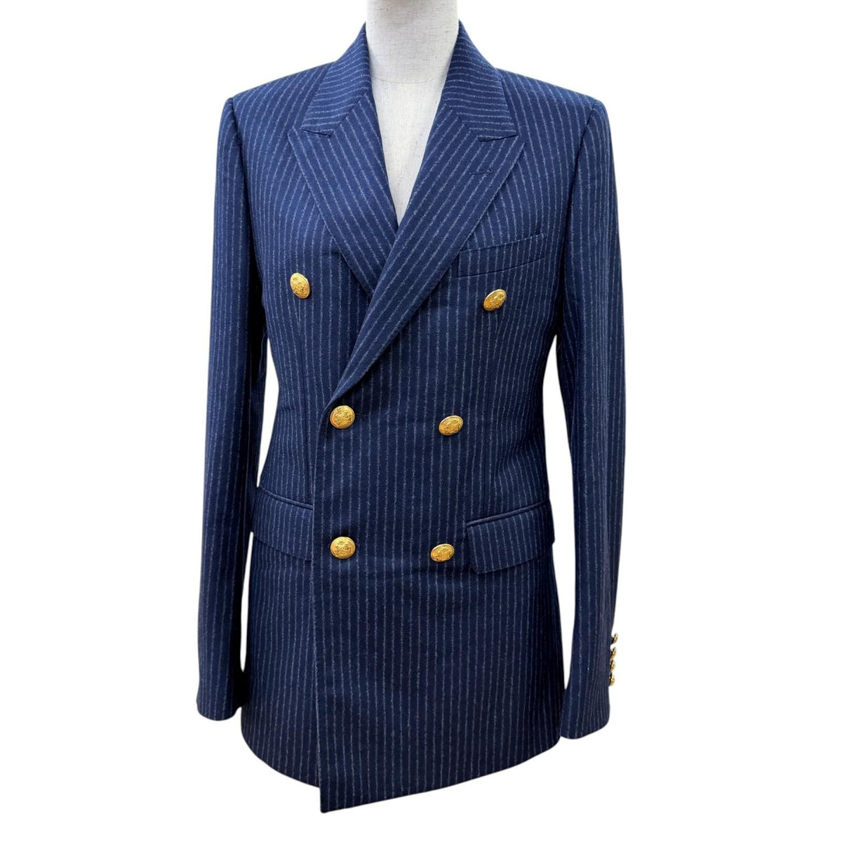 Celine Wool 100% Striped Pattern Peak Lapel Double Tailored Jacket Navy 34