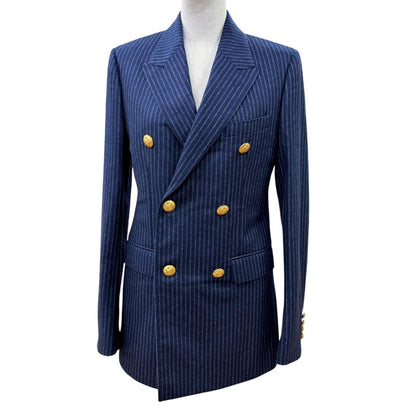 Celine Wool 100% Striped Pattern Peak Lapel Double Tailored Jacket Navy 34