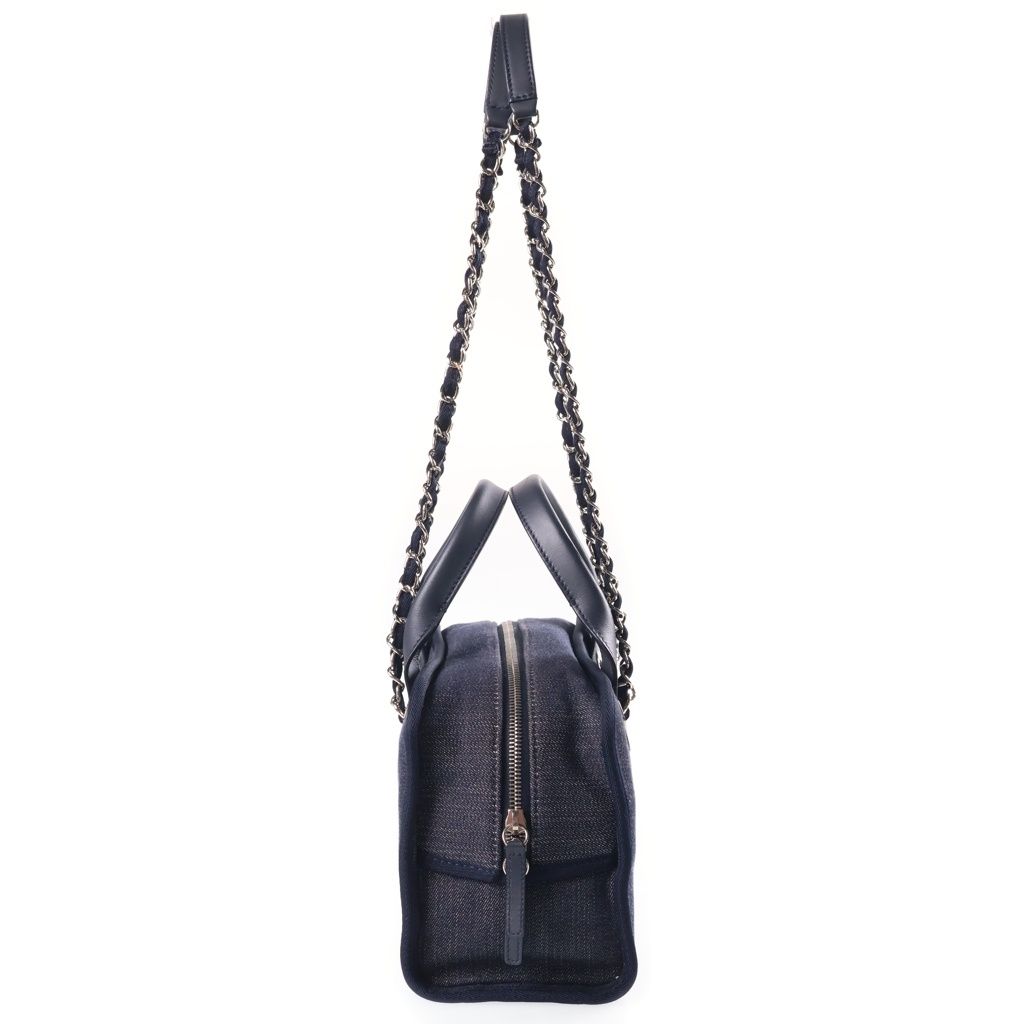 Chanel Deauville Bowling Bag Chain Navy Denim Leather Silver — view 3