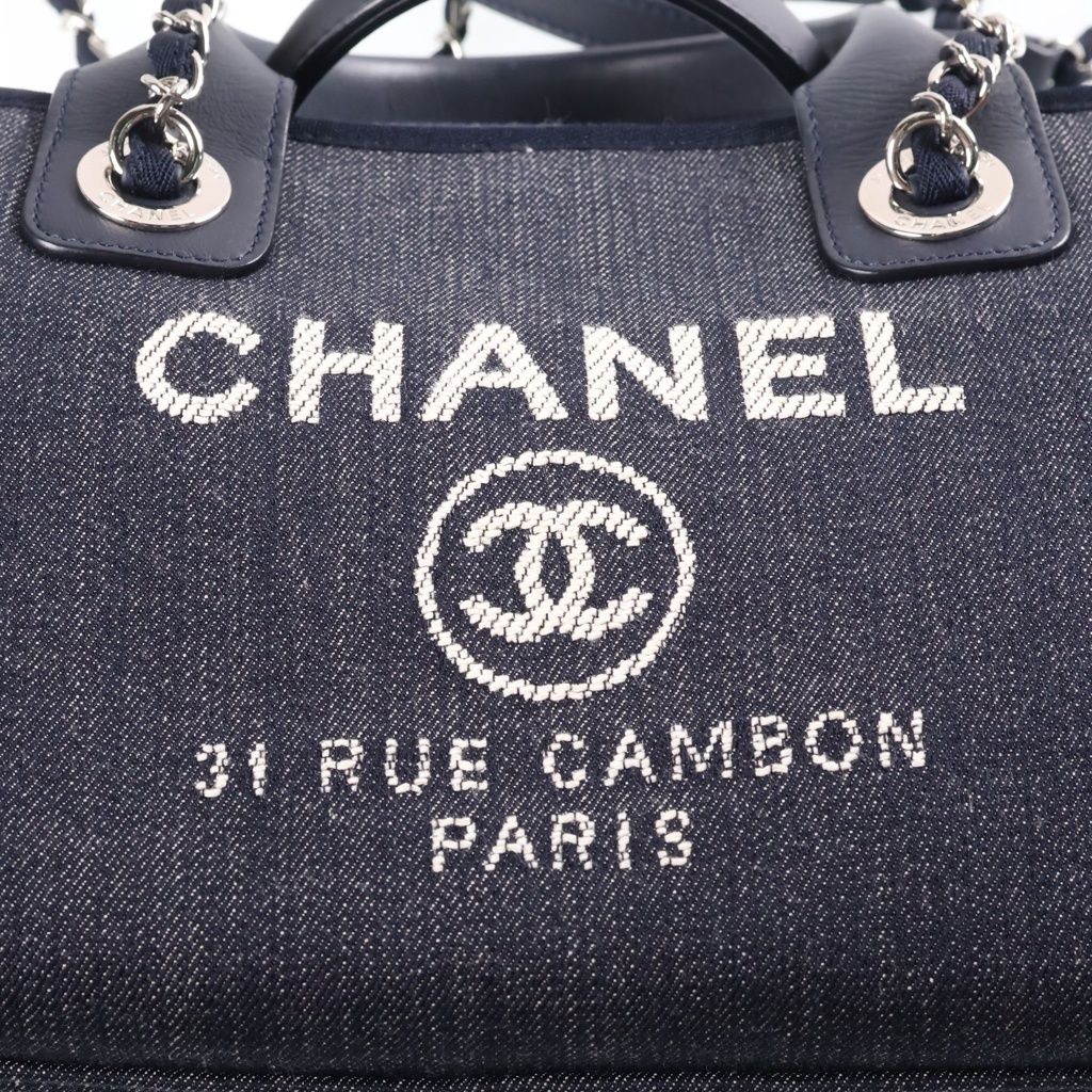 Chanel Deauville Bowling Bag Chain Navy Denim Leather Silver — view 6