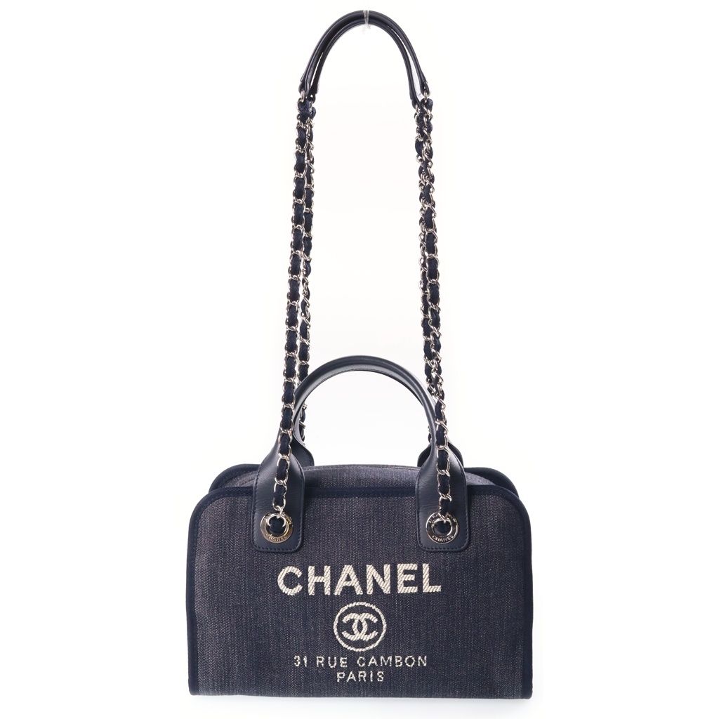Chanel Deauville Bowling Bag Chain Navy Denim Leather Silver