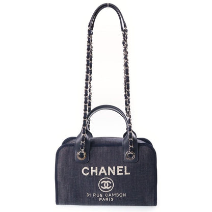 Chanel Deauville Bowling Bag Chain Navy Denim Leather Silver