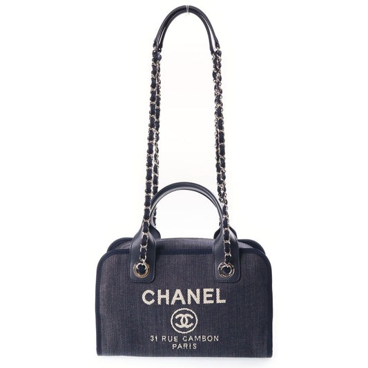 Chanel Deauville Bowling Bag Chain Navy Denim Leather Silver