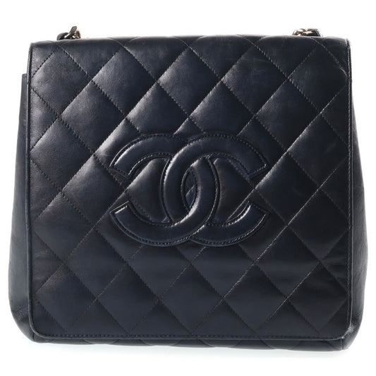Chanel CC Logo Chain Handbag Quilted Silver Lambskin Black