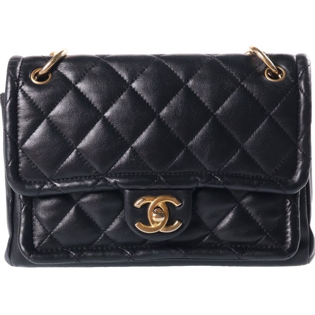Chanel Quilted Chain Shoulder Bag Black Gold Lambskin