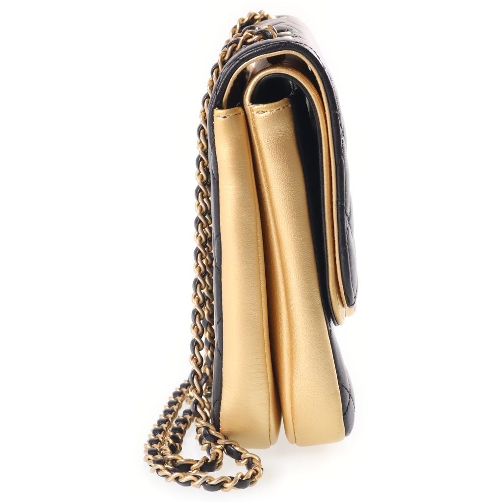 Chanel CC Logo Quilted Chain Shoulder Bag Black Gold Lambskin — view 3