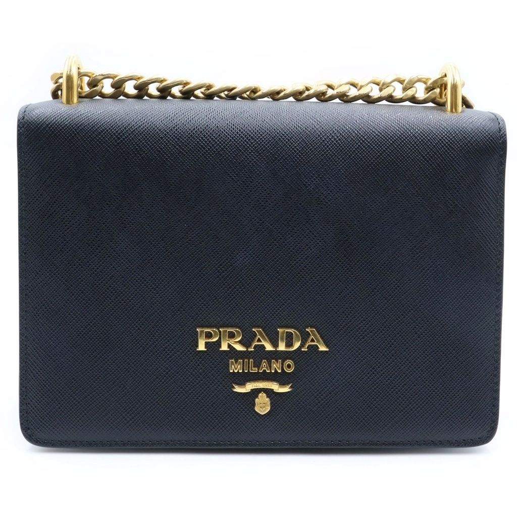 Prada Saffiano Shoulder Bag Chain Black Leather Gold
