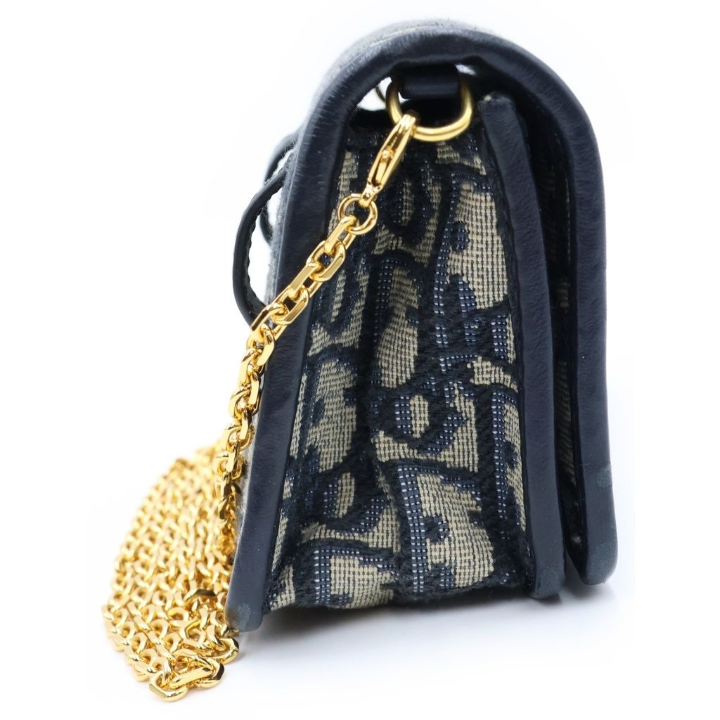 Dior Oblique Montaigne Nano Chain Mini Shoulder Bag Navy Leather Canvas Gold — view 3
