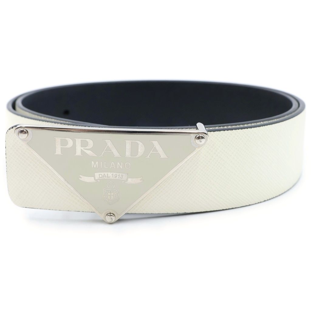Prada Plate Logo Buckle Saffiano Leather Belt White