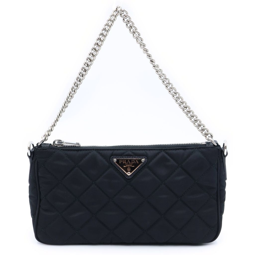 Prada Triangle Logo Tessuto Nylon 2-Way Quilted Chain Shoulder Bag Black