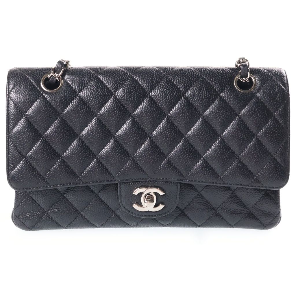 Chanel 25 Double Flap Chain Shoulder Bag Black Caviar Leather Silver
