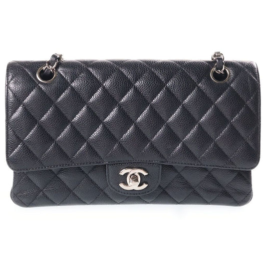 Chanel 25 Double Flap Chain Shoulder Bag Black Caviar Leather Silver