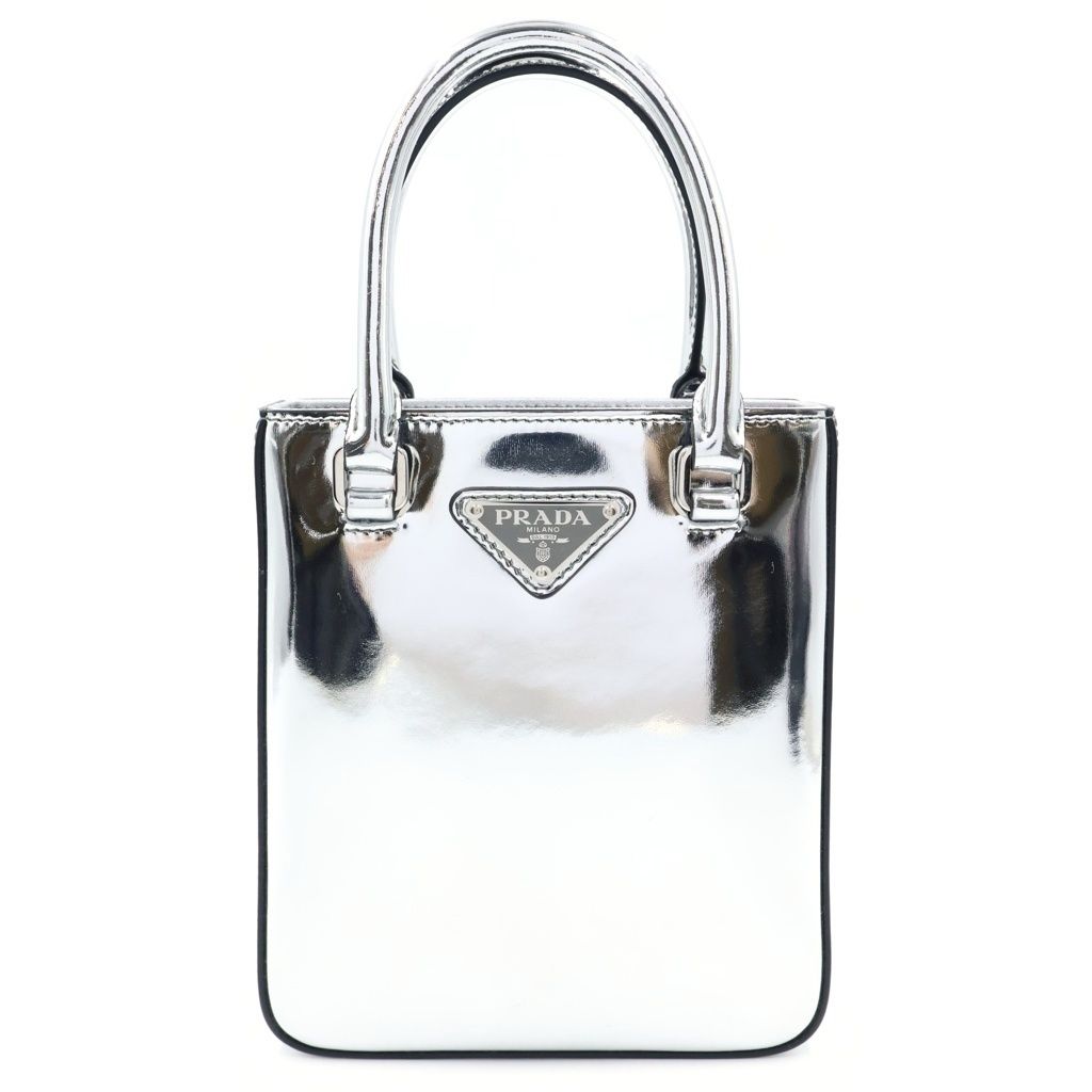 Prada Triangle Logo 2-Way Shoulder Bag Silver Patent Leather