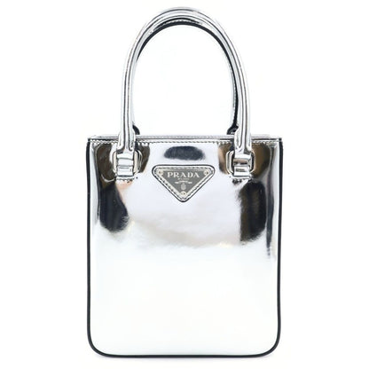 Prada Triangle Logo 2-Way Shoulder Bag Silver Patent Leather