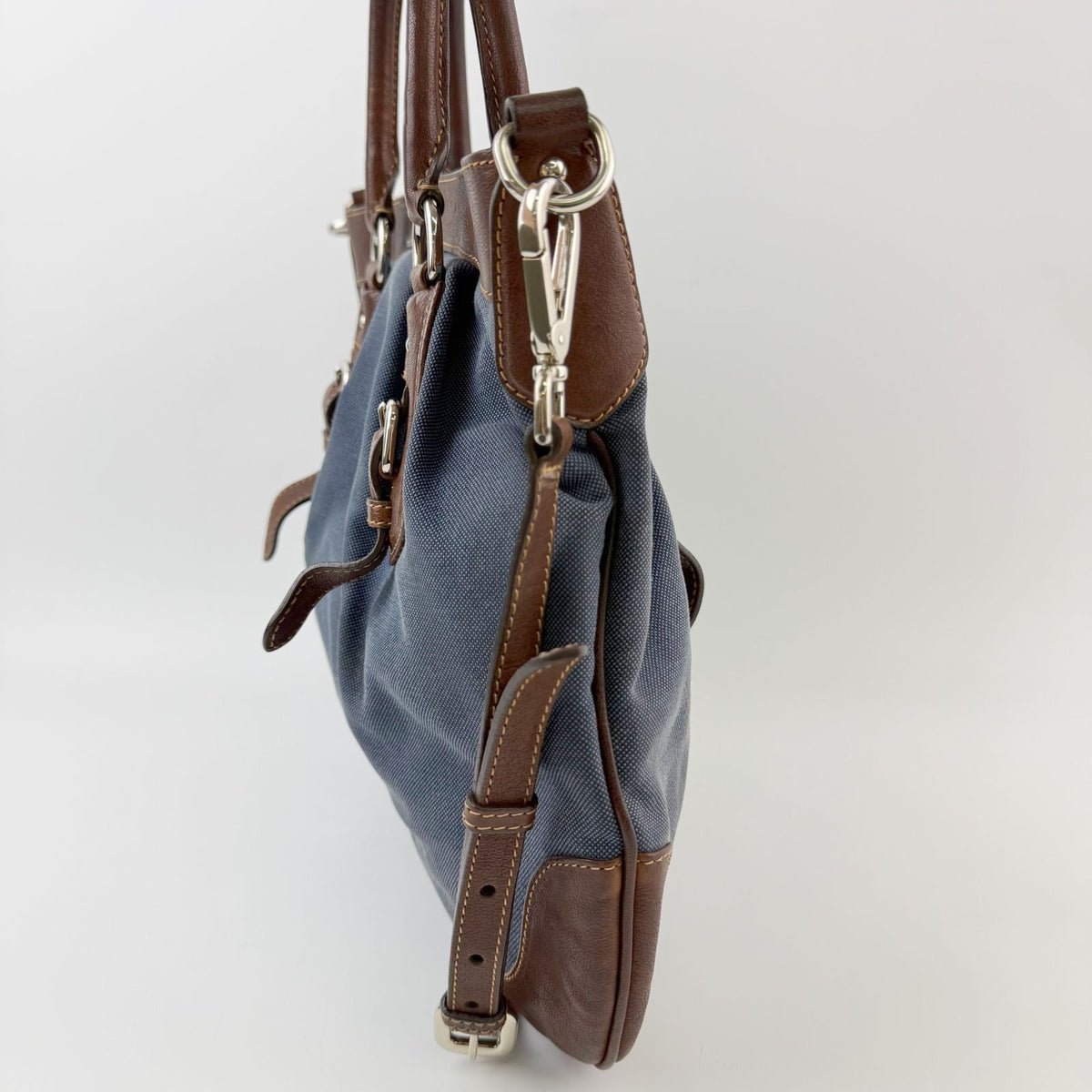 Prada Logo Jacquard Buckle 2-Way Shoulder Bag Canvas Leather Blue Brown Silver — view 5