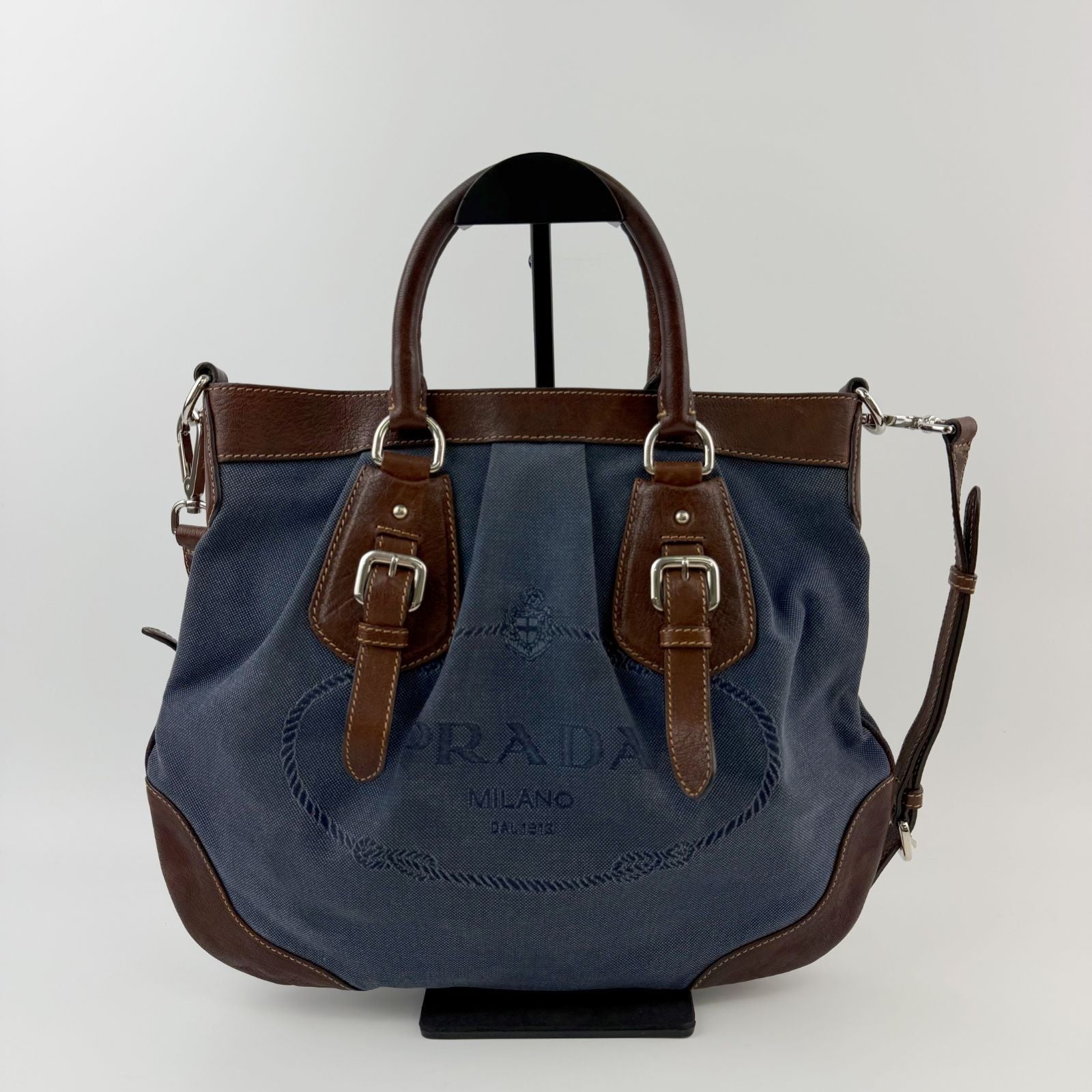Prada Logo Jacquard Buckle 2-Way Shoulder Bag Canvas Leather Blue Brown Silver — view 3