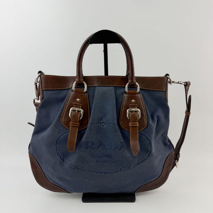 Prada Logo Jacquard Buckle 2-Way Shoulder Bag Canvas Leather Blue Brown Silver — view 3
