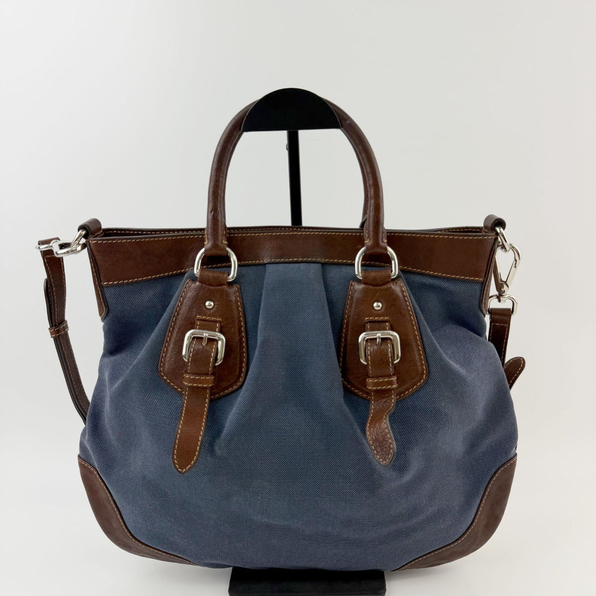 Prada Logo Jacquard Buckle 2-Way Shoulder Bag Canvas Leather Blue Brown Silver — view 4