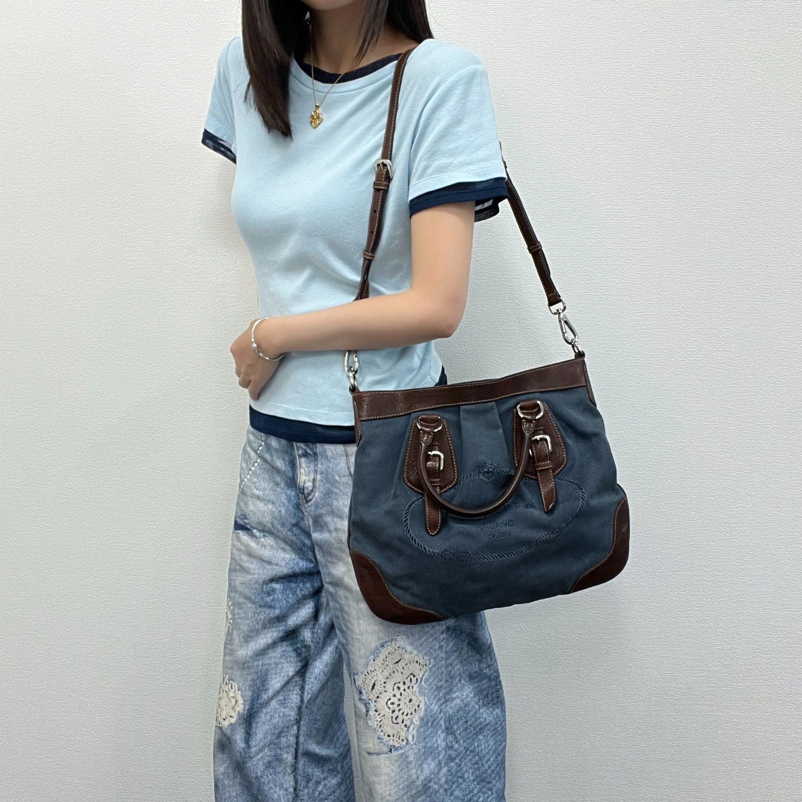 Prada Logo Jacquard Buckle 2-Way Shoulder Bag Canvas Leather Blue Brown Silver — view 2