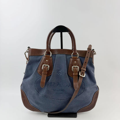 Prada Logo Jacquard Buckle 2-Way Shoulder Bag Canvas Leather Blue Brown Silver