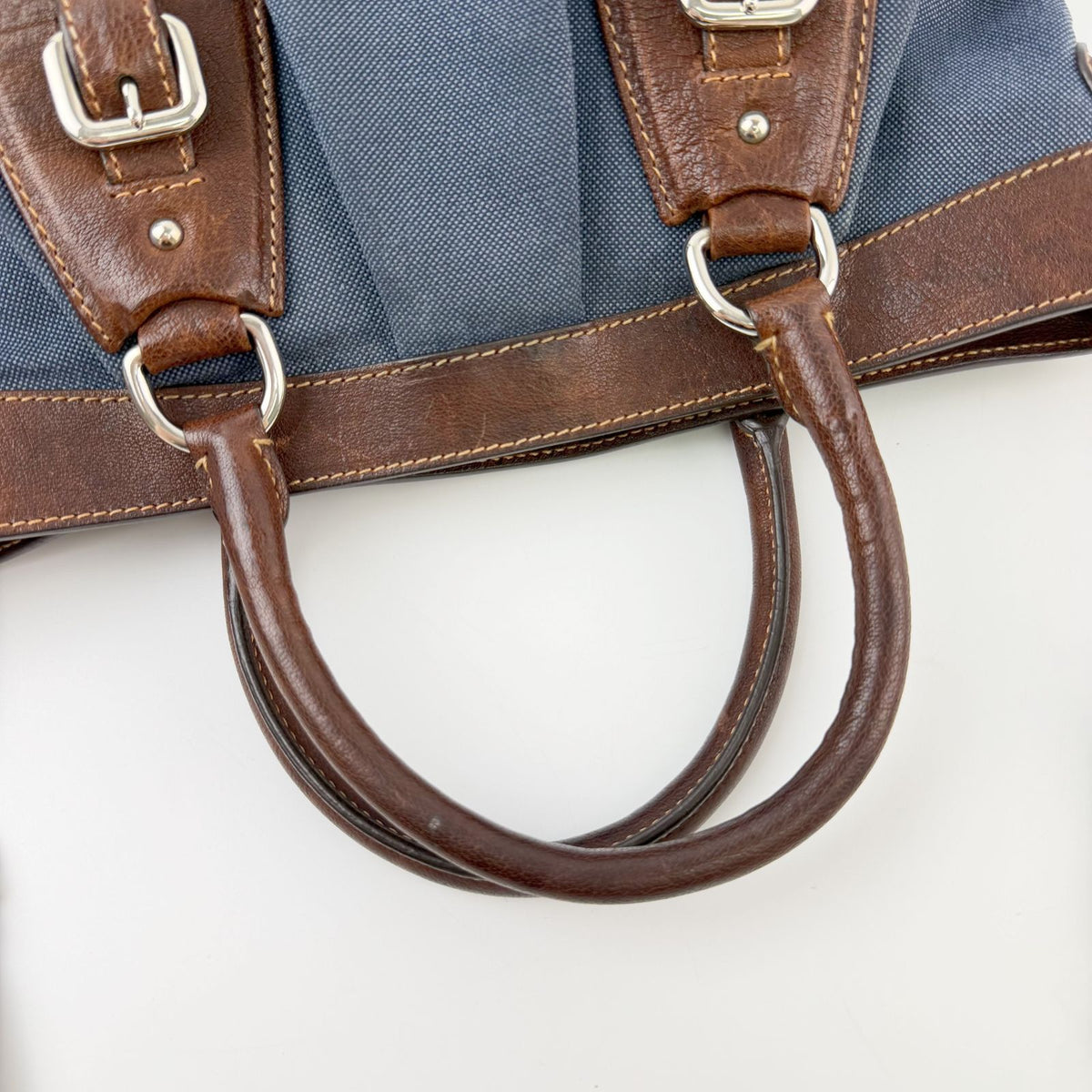 Prada Logo Jacquard Buckle 2-Way Shoulder Bag Canvas Leather Blue Brown Silver — view 8