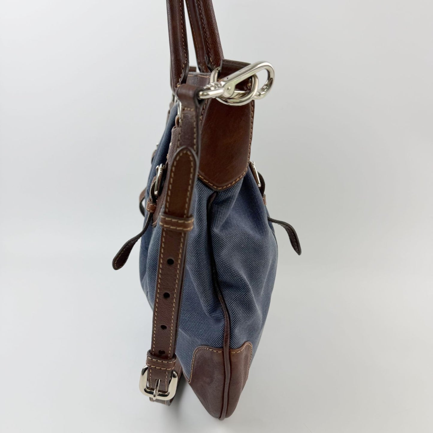 Prada Logo Jacquard Buckle 2-Way Shoulder Bag Canvas Leather Blue Brown Silver — view 6