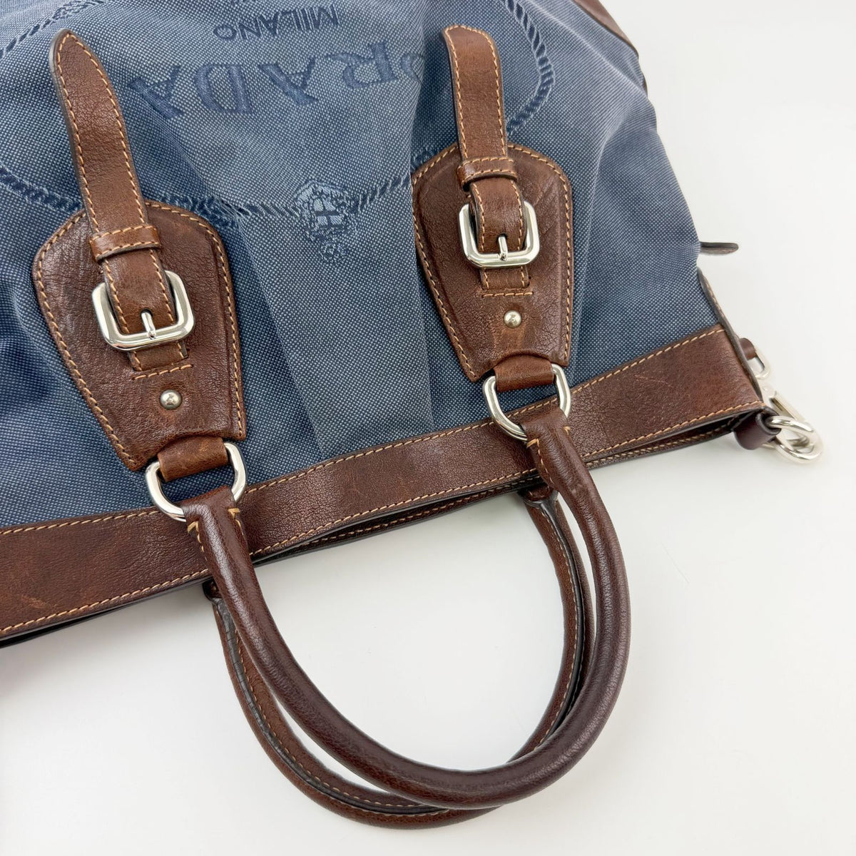 Prada Logo Jacquard Buckle 2-Way Shoulder Bag Canvas Leather Blue Brown Silver — view 7