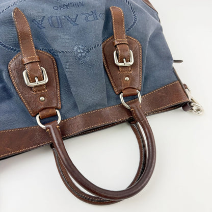 Prada Logo Jacquard Buckle 2-Way Shoulder Bag Canvas Leather Blue Brown Silver — view 7