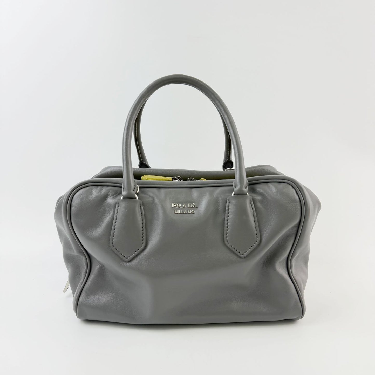 Prada Inside Soft Calfskin 2-Way Shoulder Bag Leather Gray Lime Green Silver — view 4