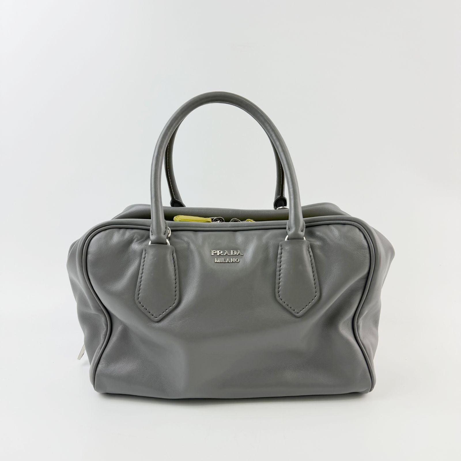 Prada Inside Soft Calfskin 2-Way Shoulder Bag Leather Gray Lime Green Silver — view 4