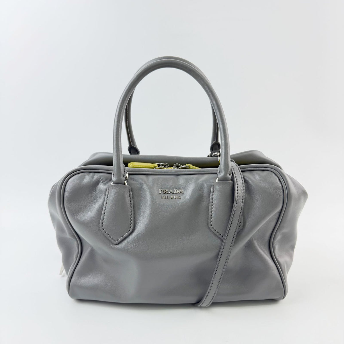 Prada Inside Soft Calfskin 2-Way Shoulder Bag Leather Gray Lime Green Silver — view 3