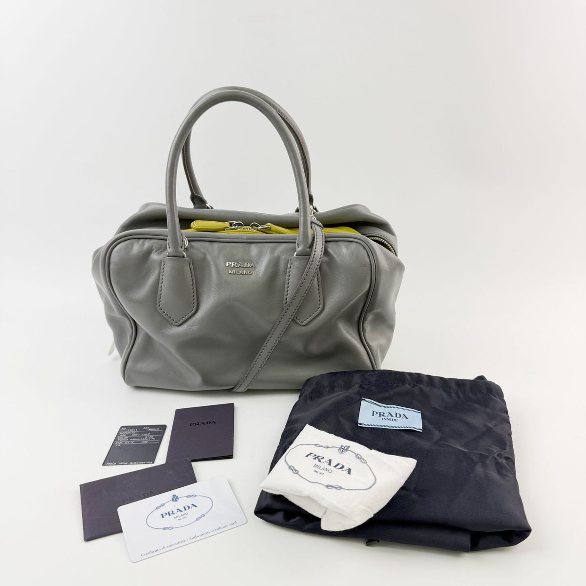 Prada Inside Soft Calfskin 2-Way Shoulder Bag Leather Gray Lime Green Silver