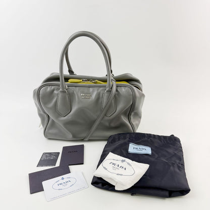Prada Inside Soft Calfskin 2-Way Shoulder Bag Leather Gray Lime Green Silver