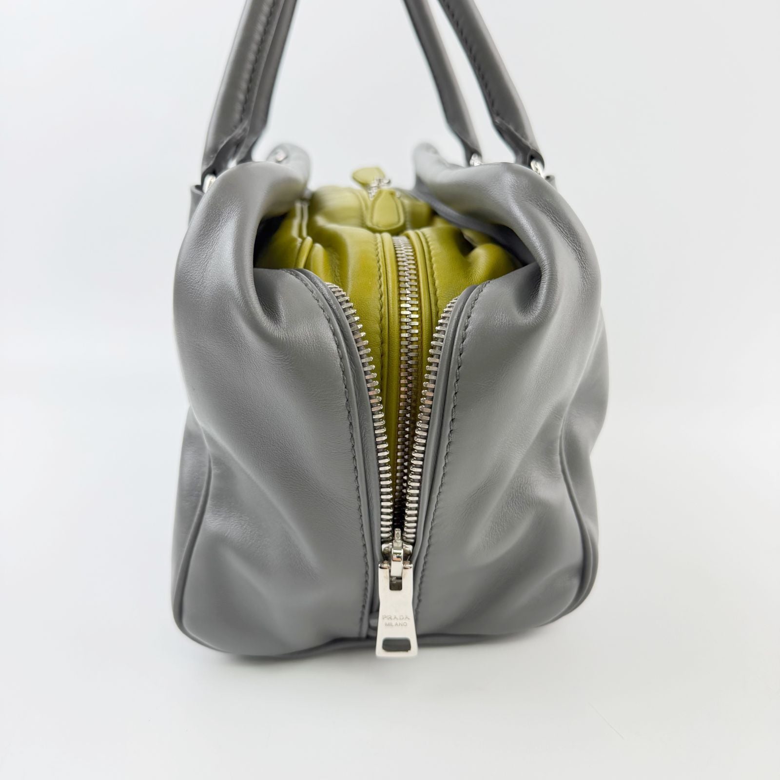 Prada Inside Soft Calfskin 2-Way Shoulder Bag Leather Gray Lime Green Silver — view 6