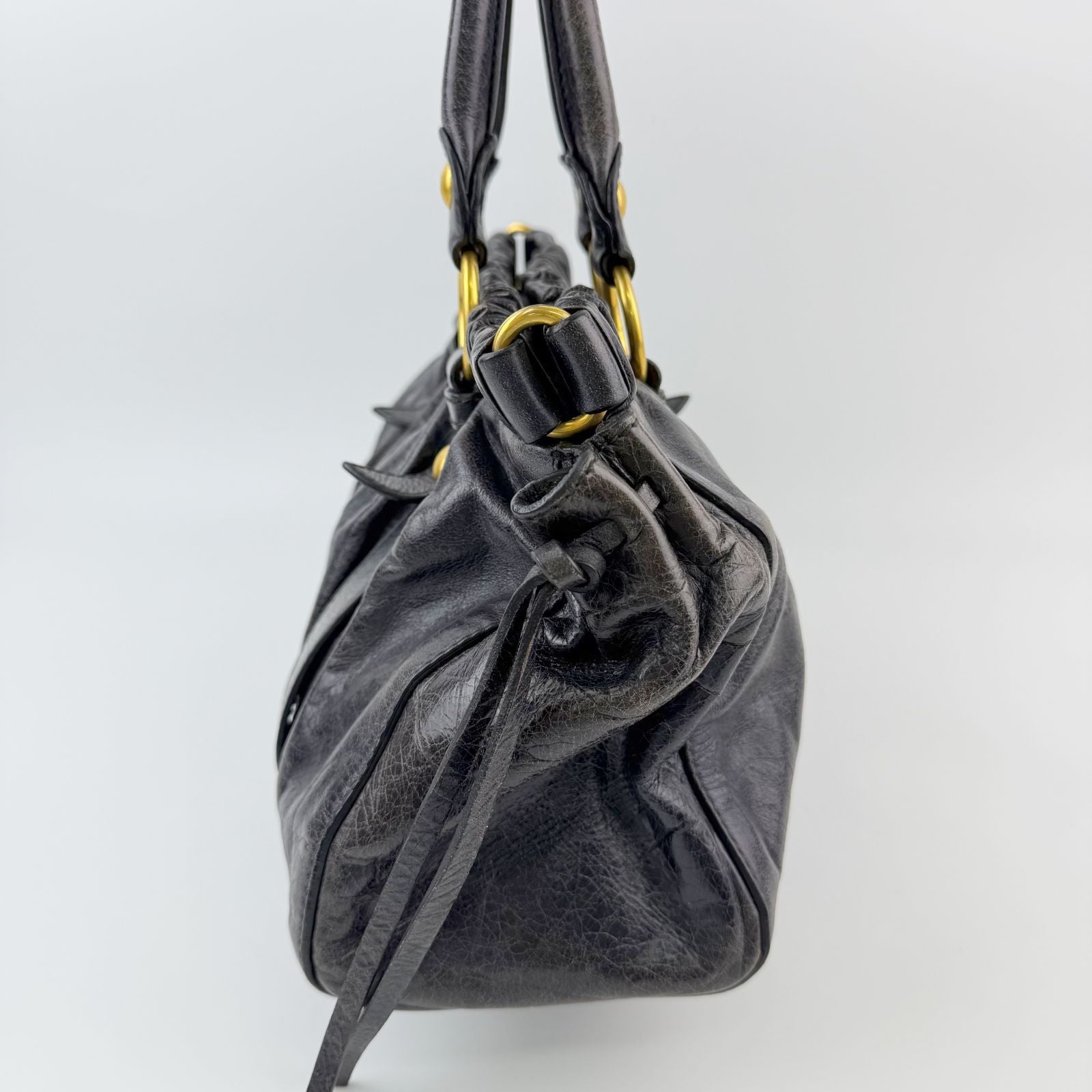 Miu Miu Vitter Luxe Gathered Tote Handbag Leather Black Gold Vintage — view 4
