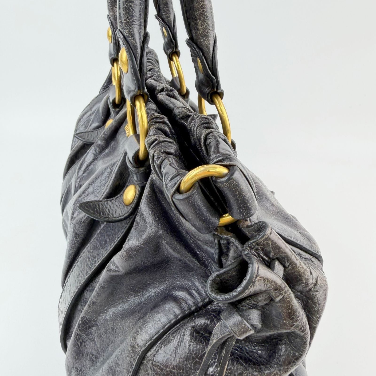Miu Miu Vitter Luxe Gathered Tote Handbag Leather Black Gold Vintage — view 5