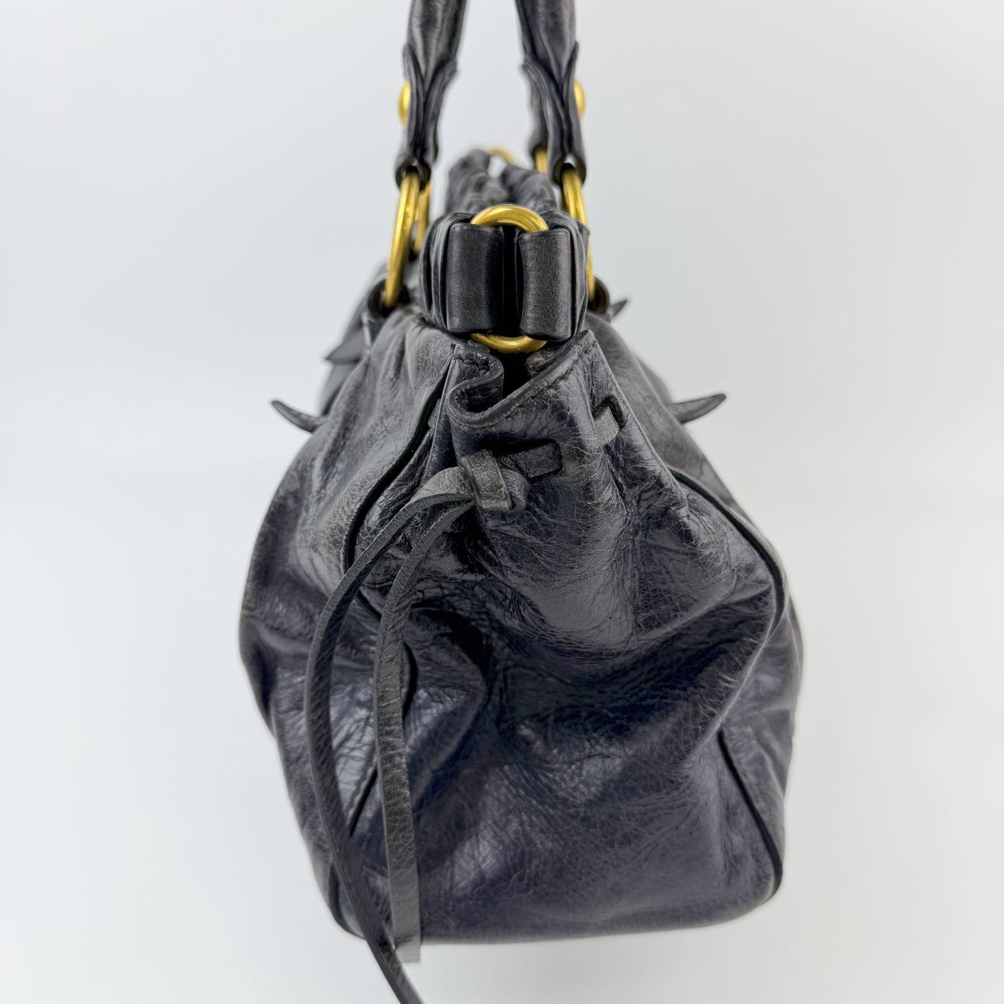 Miu Miu Vitter Luxe Gathered Tote Handbag Leather Black Gold Vintage — view 6