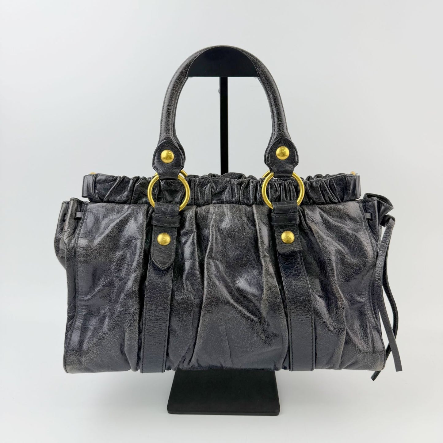 Miu Miu Vitter Luxe Gathered Tote Handbag Leather Black Gold Vintage — view 3