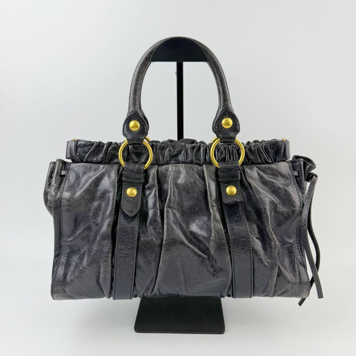 Miu Miu Vitter Luxe Gathered Tote Handbag Leather Black Gold Vintage — view 3