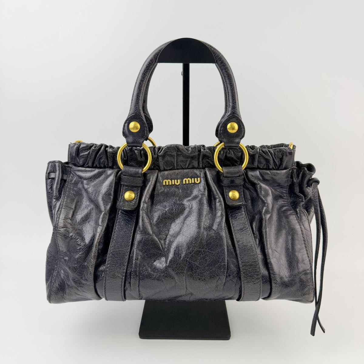 Miu Miu Vitter Luxe Gathered Tote Handbag Leather Black Gold Vintage