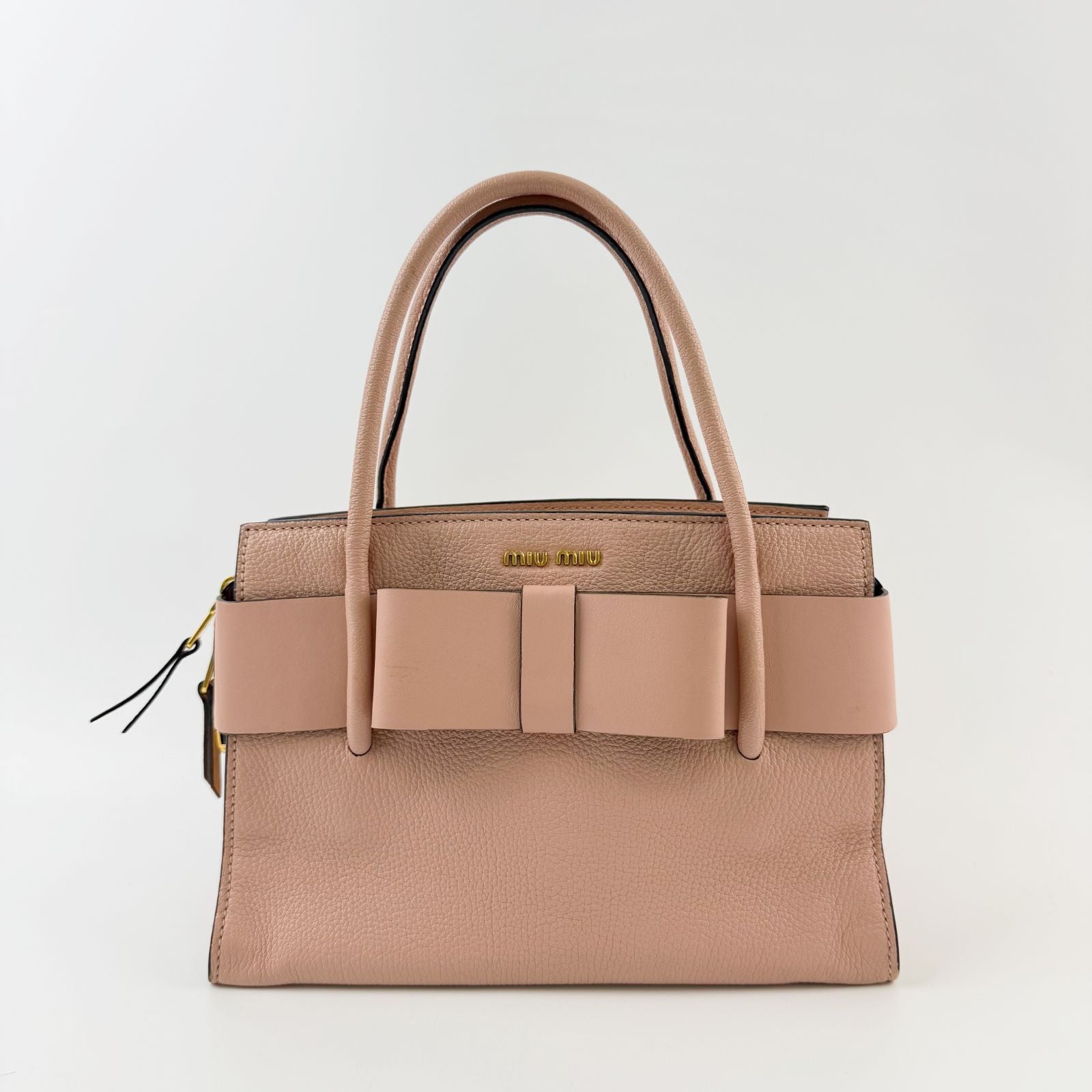 Miu Miu Ribbon Motif Leather Tote Handbag Pink Gold Vintage