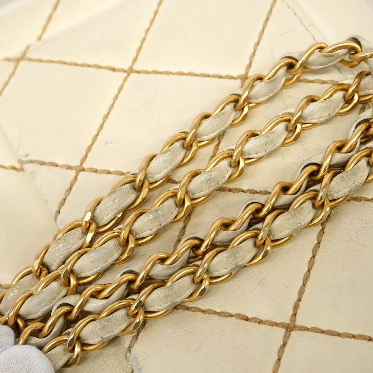 Chanel Shoulder Bag Wild Stitch Leather White Gold — view 8